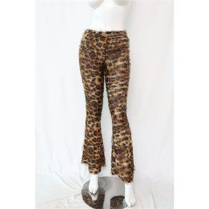 Women's Fur Leopard printed Bell Bottom flared pants leggings S M L